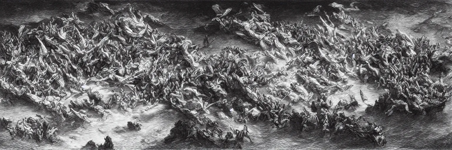 Image similar to aerial view, the biblical crossing of the red sea, Gustave Dore lithography