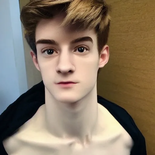 Image similar to “a realistic detailed photo of a guy who is an attractive humanoid who is half robot and half humanoid, who is a male android, twitch streamer Ninja Tyler Blevins, shiny skin, posing like a statue, blank stare, living room, display”