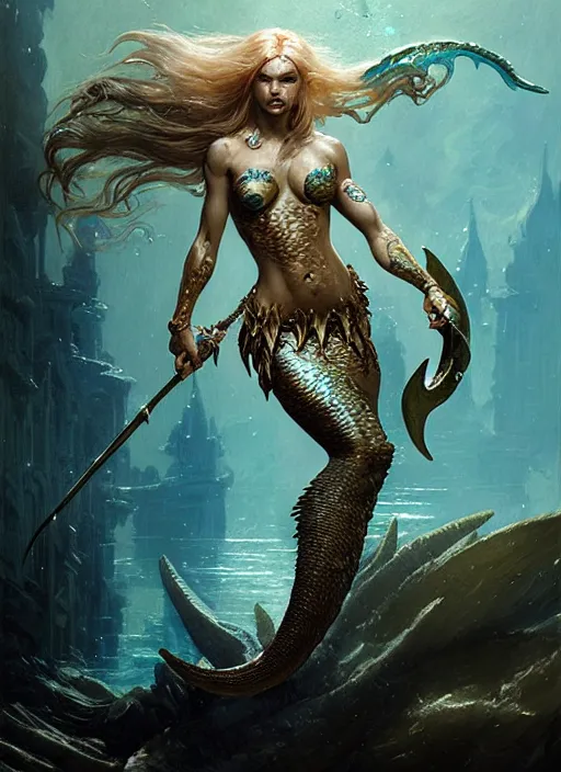 Image similar to a fierce mermaid warrior under water, fantasy character portrait, ultra realistic, concept art, intricate details, highly detailed by greg rutkowski, gaston bussiere, craig mullins, simon bisley