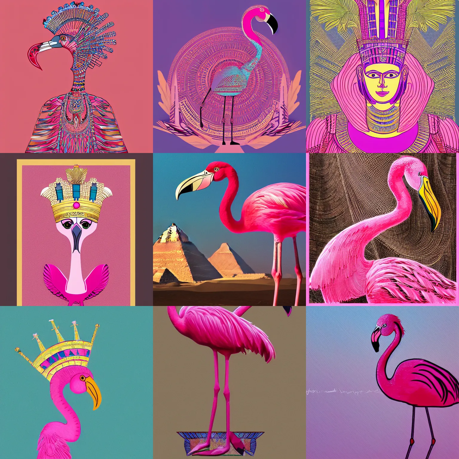 Prompt: a pink flamingo, wearing an egyptian crown, atef, highly intricate, egyptian clothing, pyramids in the background, utopia, award winning art, trending on artstation