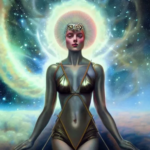 Prompt: a beautiful portrait of a cosmic goddess by Jim Burns and Tom Bagshaw, nebula background