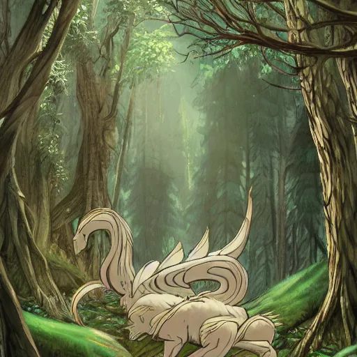 Prompt: fantasy creature in the forest in the ghibli artstyle, art 8k detailed, smooth, highly detailed, ghibli