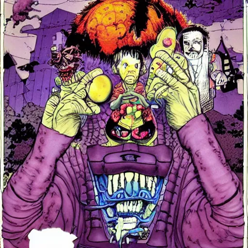 Prompt: distorted by katsuhiro otomo, by phil foglio deep purple. the experimental art features a group of monsters who live in a castle & have to deal with frankenstein's monster.