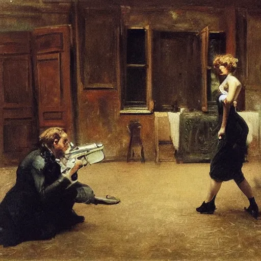 Image similar to actress rehearsing an action scene with revolver by alfred stevens