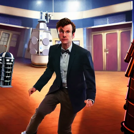 Image similar to the tenth Doctor Who at a polka dancing contest at the YMCA basketball gym, everyone in the background clapping including a Dalek, in the background the Tardis door is open, cgsociety, artstation, UE5, 8K, 4K, HQ, high energy, swing