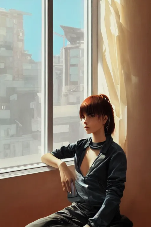 Prompt: A ultradetailed beautiful panting of a stylish woman sitting next to a window, she is wearing streetwear, Oil painting, by Ilya Kuvshinov, Greg Rutkowski and Makoto Shinkai