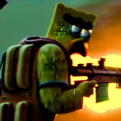 Image similar to high detail movie still of ultra realistic spongebob squarepants shooting an ak - 4 7 machine gun with muzzle flash, cinematic framing rule of thirds, cinematic light, hard shadows, in the style of the movie lone survivor,