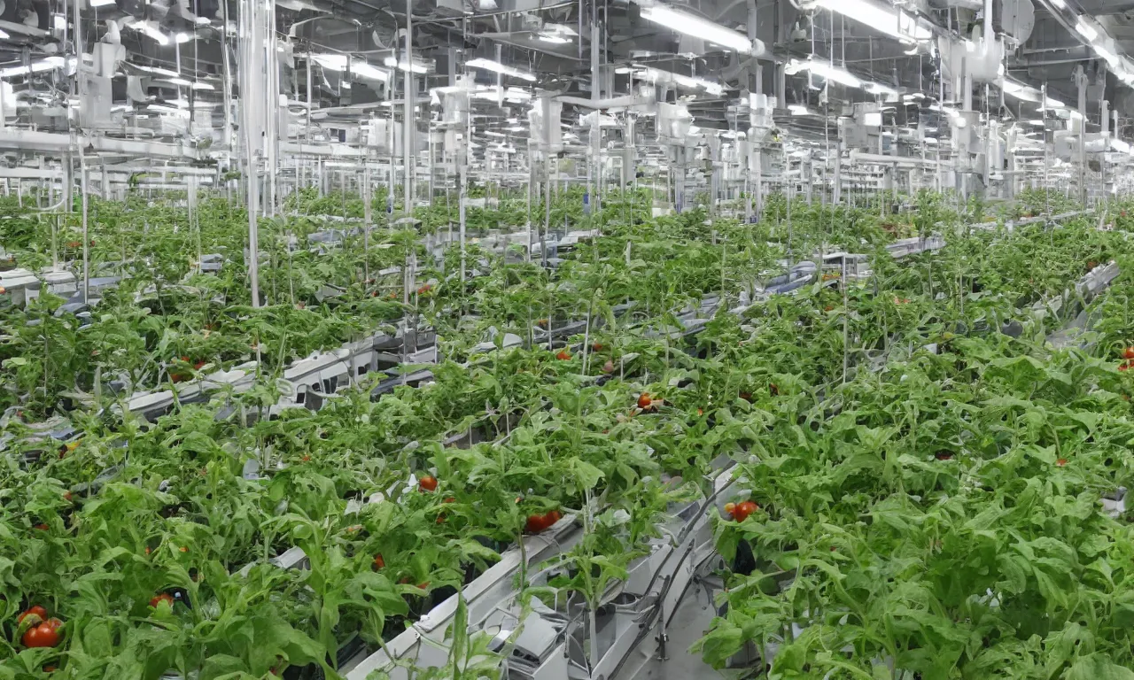 Prompt: small factory with automated hydroponics system with tomatoes, vegetable production, agriculture, bright, modern, robotic arms, technology