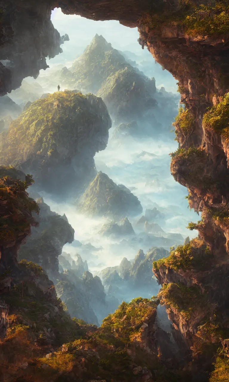 Image similar to an oil art close - up centered view from a cliff looking out to a fantasy mountain landscape, 4 k, ultra detail, volumetric lighting, unreal engine, octane render, tom bagshaw, andreas rocha