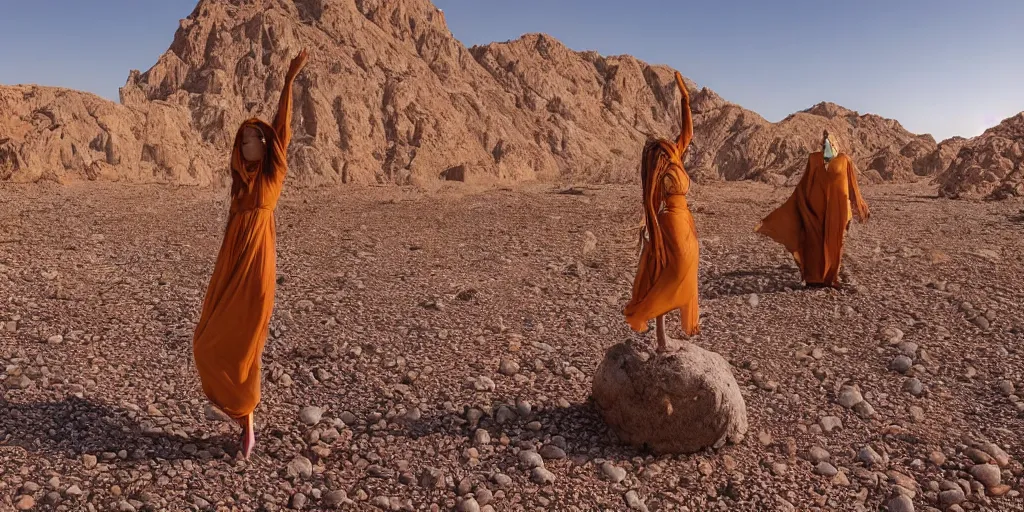 Prompt: levitating dressed woman with full - face golden mask in a dry rocky desert landscape, floating rocks, levitating rocks, visible sky and sunny atmosphere, fata morgana and giant square mirrors by alejandro jodorowsky, anamorphic lens, kodakchrome, practical effects, masterpiece, 8 k