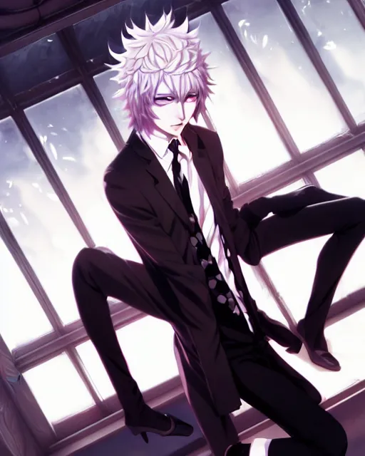 Image similar to extremely attractive feminine male anime character screenshot, nagito komaeda, sebastian michaelis, anime, intricate, sharp focus, illustration, highly detailed, digital painting, cell shaded, concept art, matte, art by ilya kuvshinov and kyoto animation and wlop, ruan jia and greg rutkowski, studio quality, masterpiece