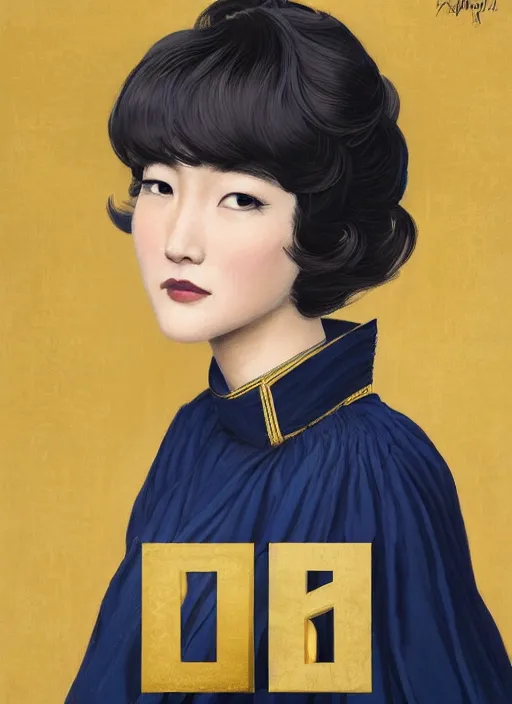 Image similar to full - length portrait of a park so - dam, dressed in a navy blue gown with gold embroidered details, golden brown hair, detailed face, fantasy, cinematic lighting, digital art painting, fine details by realistic shaded lighting poster by ilya kuvshinov katsuhiro otomo, magali villeneuve, artgerm, jeremy lipkin and michael garmash and rob rey