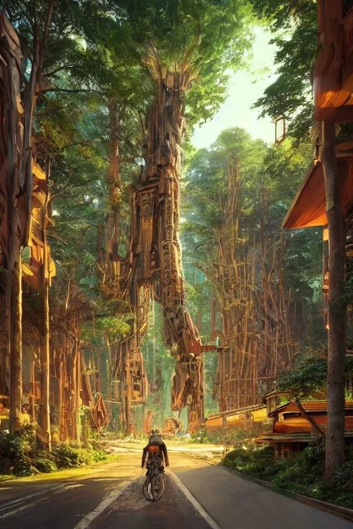 Prompt: giant wooden mecha building futuristic giant wooden tree trunk buildings, organic wooded shops, solarpunk, organic bioluminescent street lights, forest canopy understory, cinematic lighting, sunset, octane render, 3 d pixar disney digital cgi rtx hdr painting, highly detailed, artstation cgsociety masterpiece, by syd mead, greg rutkowski, wlop, artger