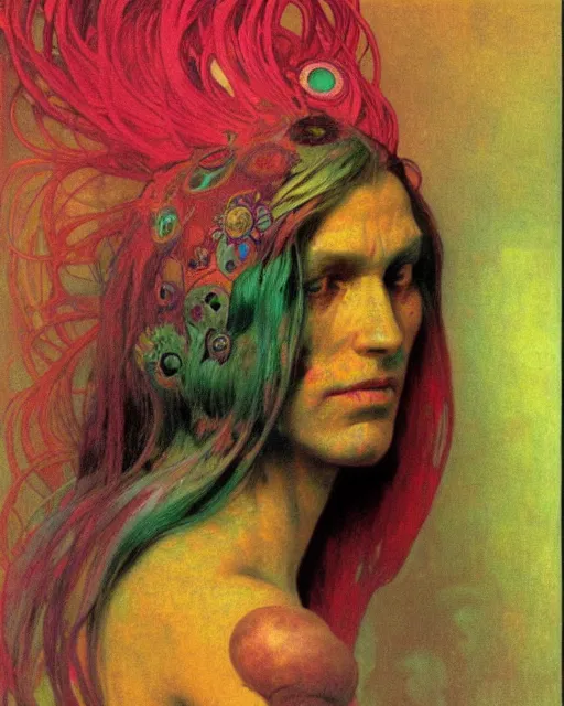 Image similar to rainbow flowerpunk portrait of a fierce old matriarch by paul lehr, beksinski, alphonse mucha