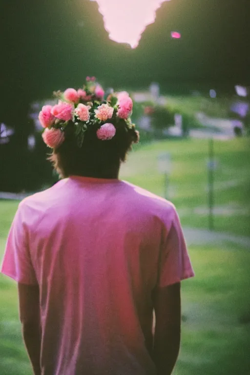 Image similar to agfa vista 4 0 0 close up photograph of a guy wearing a flower crown, back view, synth vibe, vaporwave colors, lens flare, moody lighting, moody vibe, telephoto, 9 0 s vibe, blurry background, grain, tranquil, calm, faded!,