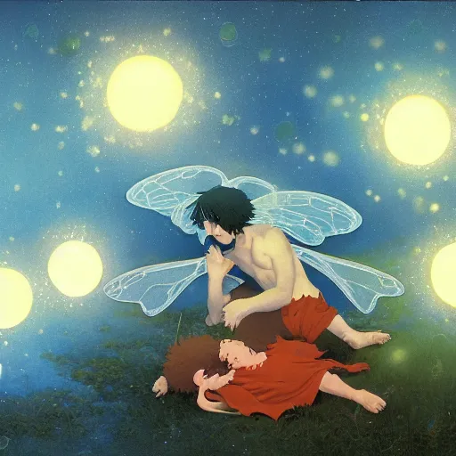 Prompt: several tiny fairies shown as balls of light clustered around the sleeping body of a young boy. By Makoto shinkai. Angus McBride. WLOP. Masterpiece.