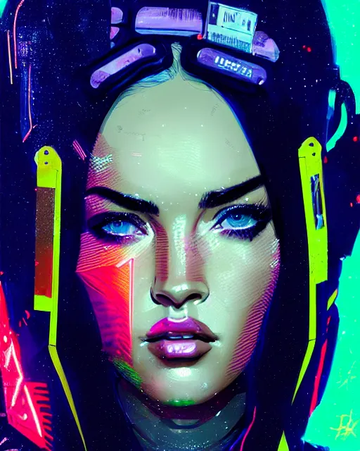 Image similar to detailed portrait Megan Fox Neon Operator Girl, cyberpunk futuristic neon, reflective puffy coat, decorated with traditional Japanese ornaments by Ismail inceoglu dragan bibin hans thoma greg rutkowski Alexandros Pyromallis Nekro Rene Maritte Illustrated, Perfect face, fine details, realistic shaded, fine-face, pretty face