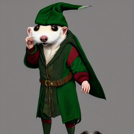 Image similar to a anthropomorphic ferret is dressed as a hogwarts student in slytherin robes, hyperdetailed, artstation, cgsociety, 8 k