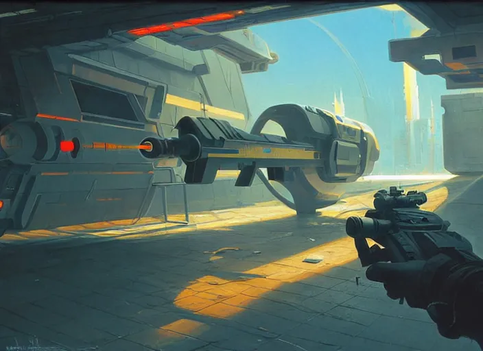 Prompt: futuristic gun on while background, style of robert mccall, syd mead, tyler edlin, wes anderson, greg rutkowski