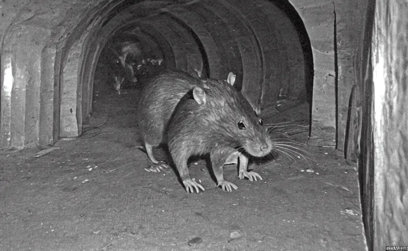 Image similar to old photo from 1 9 6 5. very large giant mutant antropomorphic rat in tonnel of moscow metro. extreme high detail. low light, scary atmosphere