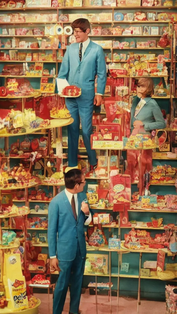 Image similar to 6 0 s photo of a business man in a candy shop, kodachrome