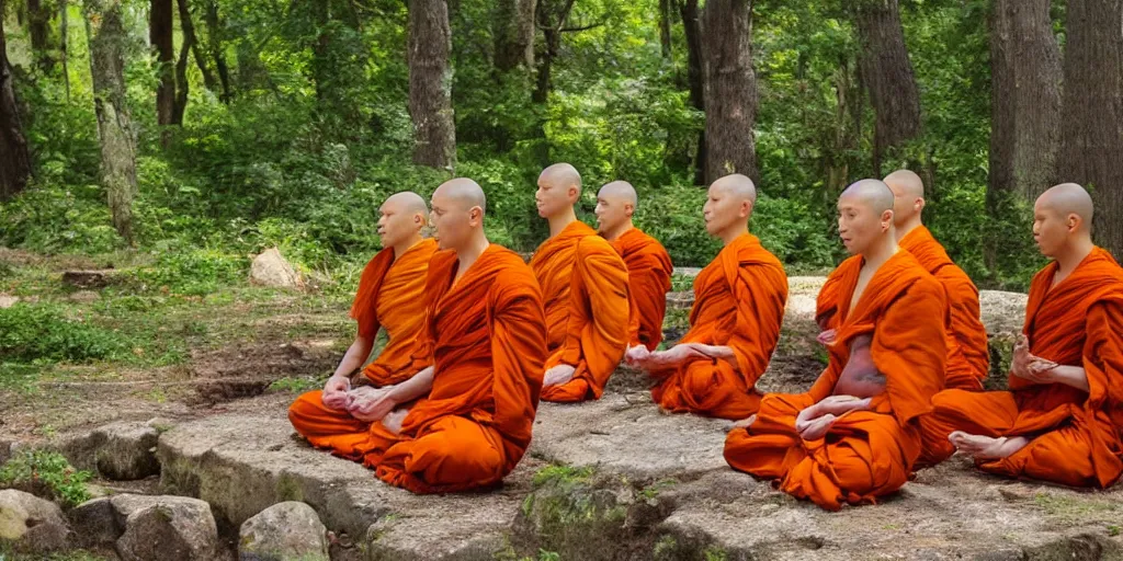 Prompt: meditating monks with mushroom as their heads