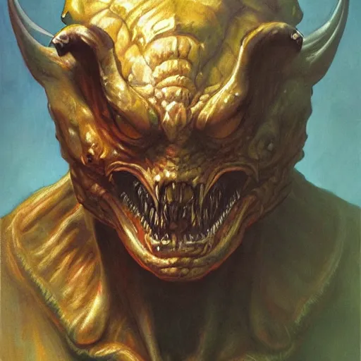 Image similar to photoreal portrait of an armoured demonic man, by boris vallejo and norman rockwell, artstation, horror, concept creature character art