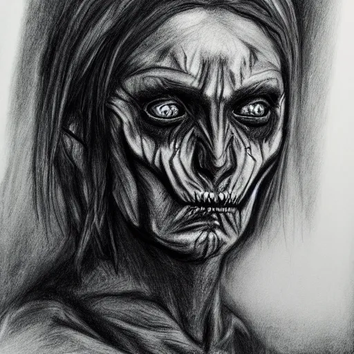 Image similar to disturbing portrait of a real demon, concept art, charcoal drawing, highly detailed