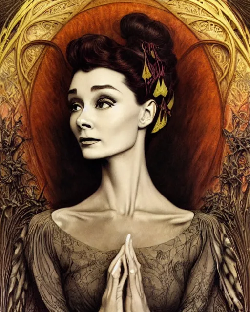 Prompt: matte painting portrait shot, beautiful colourful audrey hepburn, detailed and intricate by jean delville, gustave dore and marco mazzoni, art nouveau, symbolist, visionary, gothic, pre - raphaelite