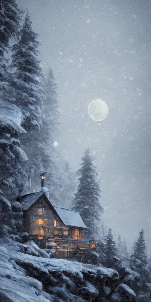 Image similar to a cabin castle on the top of a snowy mountain, crescent moon, greg rutkowski, 8 k, shallow depth of field, intricate detail, concept art,