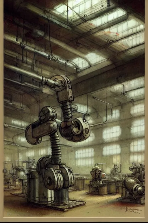 Prompt: ( ( ( ( ( 1 9 5 0 s robot factory interior. muted colors. ) ) ) ) ) by jean - baptiste monge!!!!!!!!!!!!!!!!!!!!!!!!!!!!!!