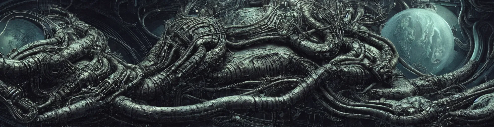 Image similar to Prometheus hibernation capsule biological sci-fi environment set close-up, hibernation capsule close-up, in a nightmarish universe of odd forms and somber tapestry, HR Giger and Vincent Di Fate, vivid color scheme, featured in artstation, octane render, cinematic, elegant, intricate, 8k