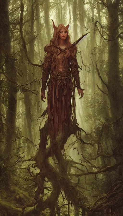Prompt: Realistic portrait painting of a high fantasy wood elf wizard in a magical forest clearing by John Howe, Greg Rutkowski, Frank Frazetta, Artgerm, Donato Giancola, Christophe Vacher, dramatic lighting