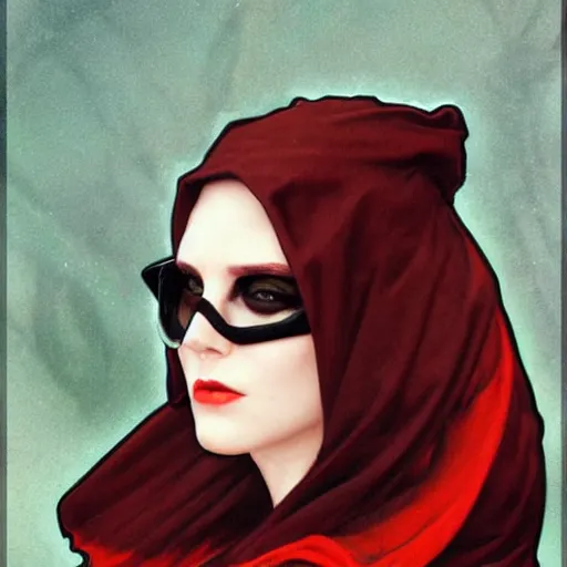 Prompt: portrait of a dangerous woman in a black hooded cloak wearing skull facepaint and dark sunglasses, she has short red hair, video game art, trending on artstation, Gerald Brom, Alphonse Mucha