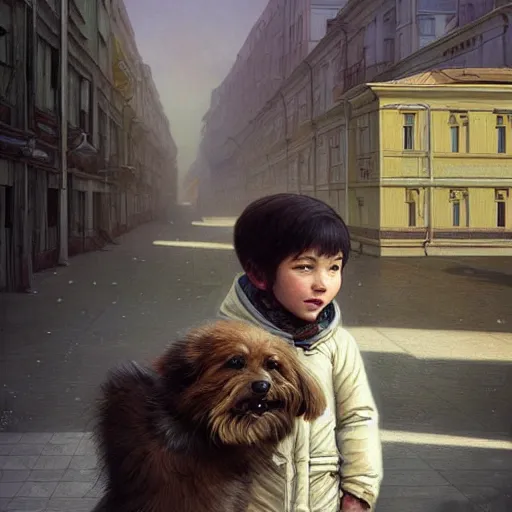 Prompt: A portrait of a kid with a dog on the street of a Soviet city on the moon, Norilsk, sci-fi, fantasy, intricate, very very beautiful, elegant, highly detailed, digital painting, artstation, concept art, smooth, sharp focus, illustration, art by artgerm and greg rutkowski and alphonse mucha