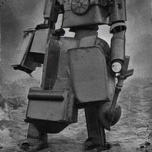 Image similar to world war one with robot mechs, black and white photograph, old photo, realistic wartime images, realistic, high quality, alternate history