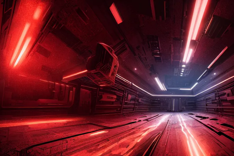 Prompt: a dark vibrant sci - fi rendering of a spacecraft interior, corridor, rows of doors, sparks from ceiling lights in the style of dead space, cinematic, depth of field, anamorphic lens