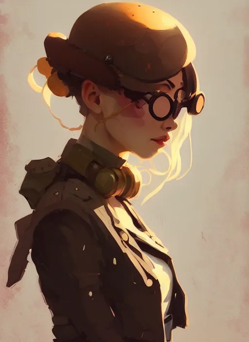Image similar to portrait of cute girl, steampunk by atey ghailan, by greg rutkowski, by greg tocchini, by james gilleard, by joe gb fenton, by in kaethe butcher, dynamic lighting, gradient light yellow, brown, blonde cream and white color in scheme, grunge aesthetic