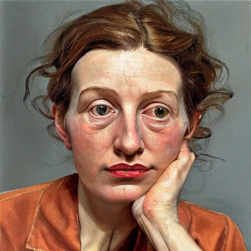 Image similar to high quality high detail painting by lucian freud, hd, portrait of a female photographer, photorealistic lighting