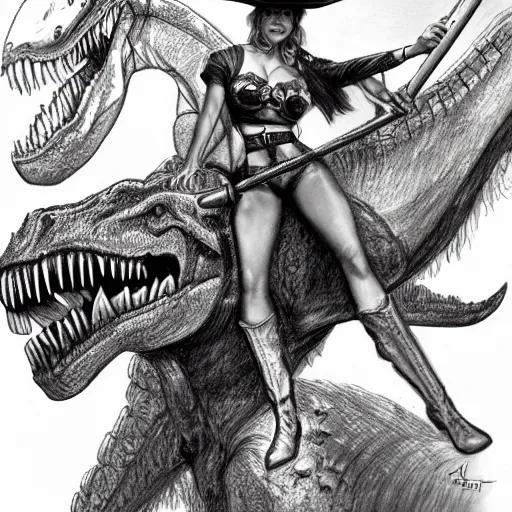 Prompt: a pencil sketch of a pinup girl wearing a cowboy hat riding a tyrannosaurus rex, adonna khare, fine detail, high resolution