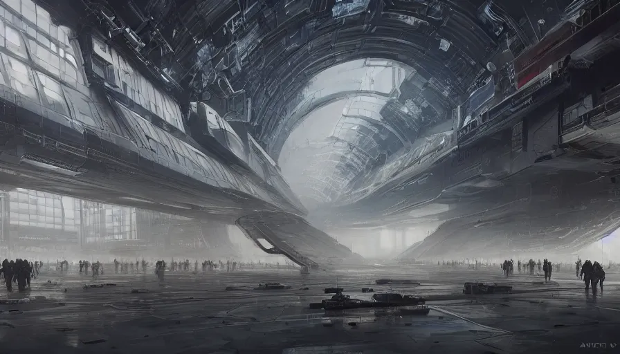 Prompt: Interior of a huge military space station with people working around, hyperdetailed, artstation, cgsociety, 8k, wlop, beeple. octane render, trending on artstation, greg rutkowski very coherent symmetrical artwork. cinematic, hyper realism, high detail, octane render, 8k, minimalistic, hyperrealistic surrealism, award winning masterpiece with incredible details, a surreal vaporwave liminal space, highly detailed, trending on ArtStation