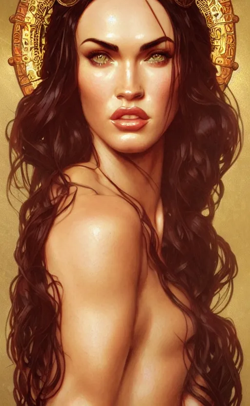 Image similar to portrait of megan fox as the goddess circe, greek mythology, intricate, headshot, highly detailed, digital painting, artstation, concept art, sharp focus, cinematic lighting, illustration, art by artgerm and greg rutkowski, alphonse mucha, cgsociety