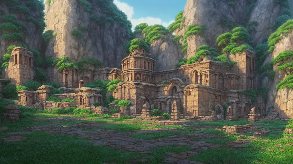 Image similar to ancient monastery ruins, studio ghibli, pixar and disney animation, sharp, rendered in unreal engine 5, highly detailed, digital painting, artstation, concept art, smooth, sharp focus, illustration, wide angle, artbook, wallpaper, splash art, promo art, dramatic lighting, art by artgerm and greg rutkowski and bo chen and jin xiaodi