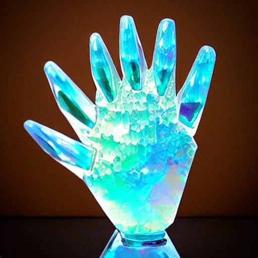 Image similar to “crystal hand sculpture made from iridescent translucent gemstone, 35 mm product photo”