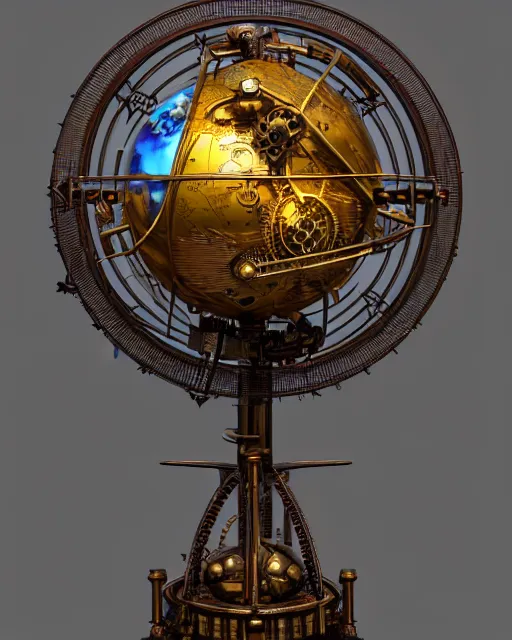 Prompt: steampunk armillary sphere, intricate, highly detailed, complex 3 d render by simon stalenhag, thomas kinkade, greg rutkowski, craig mullins, hyper realistic, ray tracing, unreal engine, blender, sharp focus, luminous, glass, ray of lights, fractal crystal