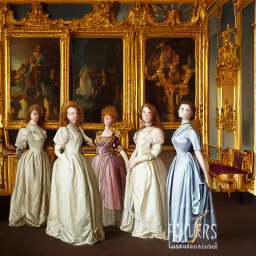 Prompt: fine art, oil on canvas. six women in the mirrors room in the palace of versailles in france wearing fine clothes, no faces visibles. dark room with light coming through the right side. baroque style 1 6 5 6. high quality realistic recreation of illumination shadows and colors, no distortion on subject faces.