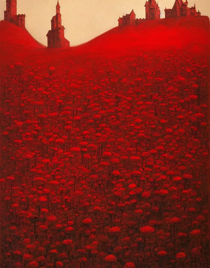 Prompt: only with red, red flowers, a red tiger, a castle in the background, medieval demons, an ancient path, in the style of beksinski, part by hopper, part by rodcenko, part by hofbauer, intricate composition, red by caravaggio, insanely quality, highly detailed, masterpiece, red light, artstation