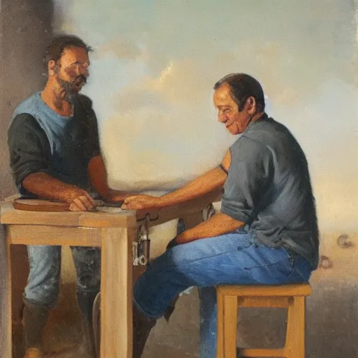 Prompt: an oil painting of two woodworkers