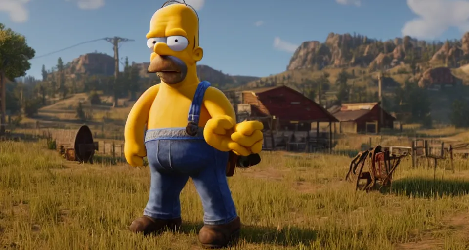 Prompt: Screenshot of Homer Simpson as a 3d cowboy in full cowboy attire in the videogame 'Red Dead Redemption 2'. Sharpened. 1080p. High-res. Ultra graphical settings.