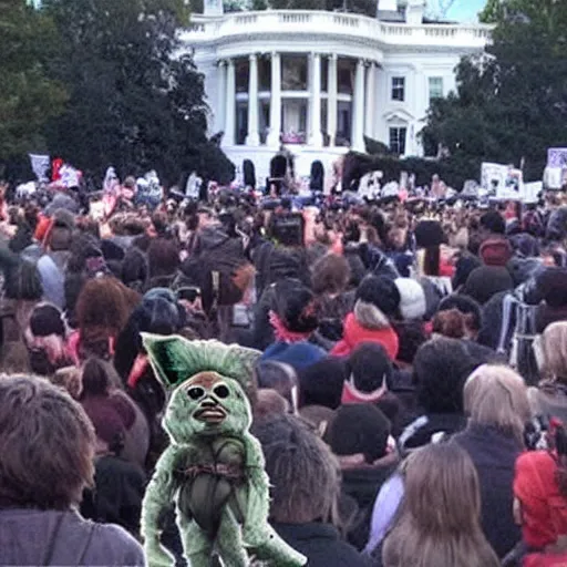 Image similar to a still of thousands of ewoks rioting in front of a the white house in washington.!!!, flaming torches and pitchforks